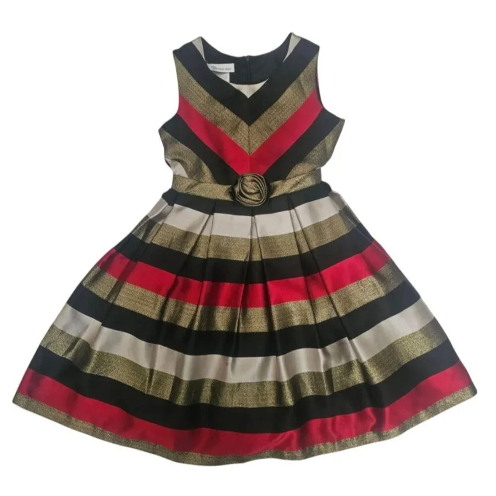 Bonnie Jean Metallic Stripe Gold Sash Bow Waist Sleeveless Party Dress Size 8 - Picture 2 of 11